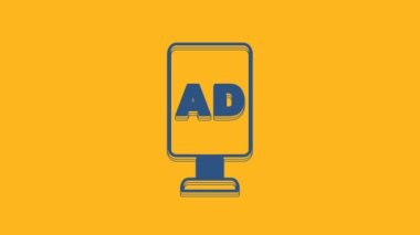 Mavi reklam simgesi turuncu arkaplanda izole edildi. Pazarlama ve tanıtım süreci kavramı. İlgili reklamlar. Sosyal medya reklamcılığı. 4K Video hareketli grafik canlandırması .