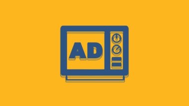 Mavi reklam simgesi turuncu arkaplanda izole edildi. Pazarlama ve tanıtım süreci kavramı. İlgili reklamlar. Sosyal medya reklamcılığı. 4K Video hareketli grafik canlandırması .