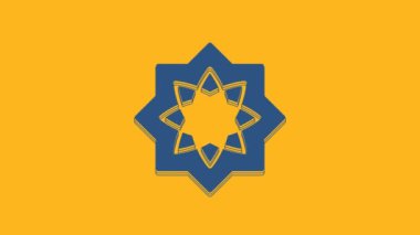 Blue Islamic octagonal star ornament icon isolated on orange background. 4K Video motion graphic animation.