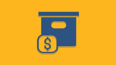 Blue Carton cardboard box with price tag icon isolated on orange background. Box, package, parcel sign. Delivery and packaging. 4K Video motion graphic animation.