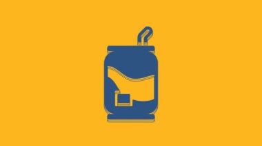 Blue Soda can icon isolated on orange background. 4K Video motion graphic animation.