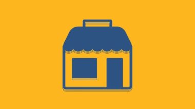 Blue Shopping building or market store icon isolated on orange background. Shop construction. 4K Video motion graphic animation.
