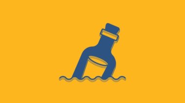 Blue Glass bottle with a message in water icon isolated on orange background. Letter in the bottle. Pirates symbol. 4K Video motion graphic animation.