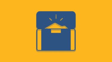 Blue Antique treasure chest icon isolated on orange background. Vintage wooden chest with golden coin. 4K Video motion graphic animation.
