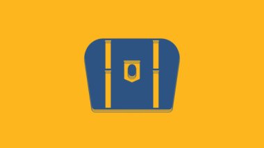 Blue Antique treasure chest icon isolated on orange background. Vintage wooden chest with golden coin. 4K Video motion graphic animation.