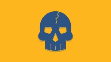 Blue Skull icon isolated on orange background. Pirate captain. Happy Halloween party. 4K Video motion graphic animation.