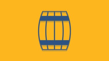 Blue Wooden barrel icon isolated on orange background. Alcohol barrel, drink container, wooden keg for beer, whiskey, wine. 4K Video motion graphic animation.