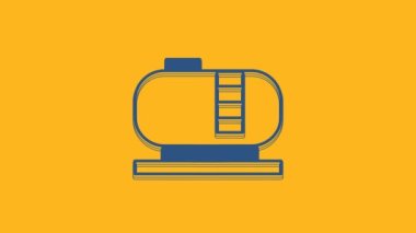 Mavi yağ tankı ikonu turuncu arka planda izole edildi. Petrol ve gaz endüstrisi için gemi deposu. Petrol tankı teknoloji istasyonu. 4K Video hareketli grafik canlandırması.