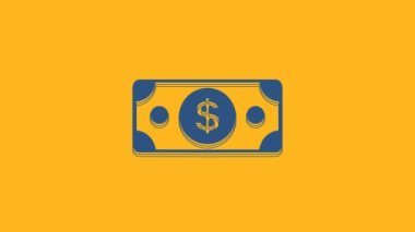 Blue Stacks paper money cash icon isolated on orange background. Money banknotes stacks. Bill currency. 4K Video motion graphic animation.