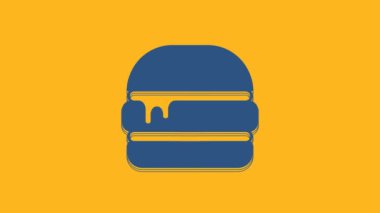 Blue Burger icon isolated on orange background. Hamburger icon. Cheeseburger sandwich sign. Fast food menu. 4K Video motion graphic animation.