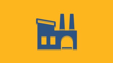Blue Factory icon isolated on orange background. Industrial building. 4K Video motion graphic animation.