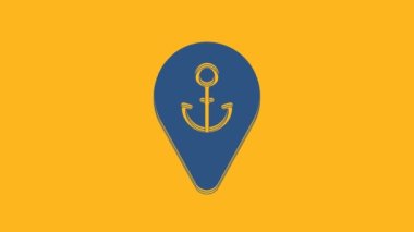 Blue Map pointer with anchor icon isolated on orange background. 4K Video motion graphic animation.