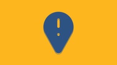 Blue Map pointer with exclamation mark icon isolated on orange background. Hazard warning sign, careful, attention, danger warning important sign. 4K Video motion graphic animation.