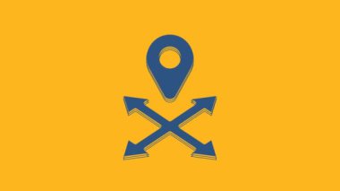 Blue Map pin icon isolated on orange background. Navigation, pointer, location, map, gps, direction, place, compass, search concept. 4K Video motion graphic animation.