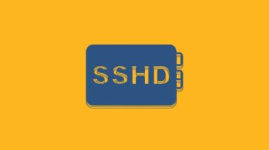 Mavi SSHD kart simgesi turuncu arkaplanda izole edildi. Katı eyalet sürücü işareti. Depolama diski sembolü. 4K Video hareketli grafik canlandırması.
