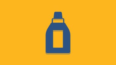 Blue Plastic bottle for laundry detergent, bleach, dishwashing liquid or another cleaning agent icon isolated on orange background. 4K Video motion graphic animation.