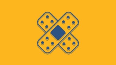 Blue Crossed bandage plaster icon isolated on orange background. Medical plaster, adhesive bandage, flexible fabric bandage. 4K Video motion graphic animation.