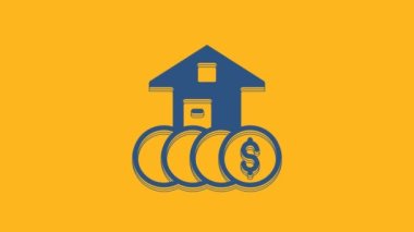 Blue House with dollar symbol icon isolated on orange background. Home and money. Real estate concept. 4K Video motion graphic animation.