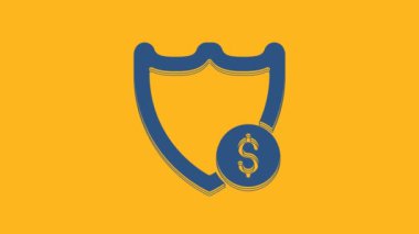 Blue Shield with dollar symbol icon isolated on orange background. Security shield protection. Money security concept. 4K Video motion graphic animation.
