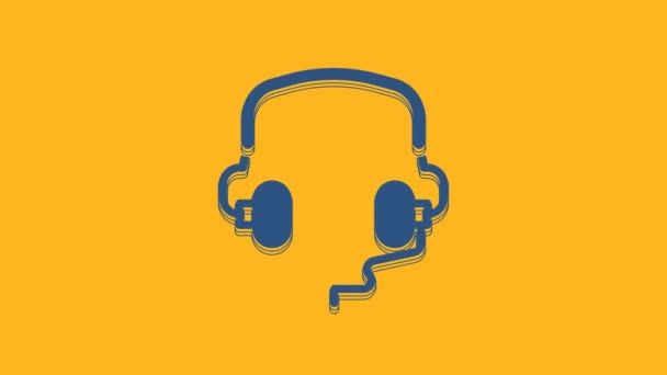 蓝色耳机图标孤立在橙色背景 听音乐 交流和操作员的概念 4K视频运动图形动画 — 图库视频影像