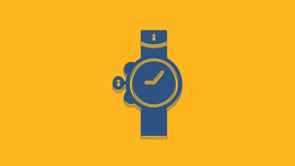 オレンジ色の背景に隔離されたブルーリストウォッチアイコン 腕時計のアイコン 4Kビデオモーショングラフィックアニメーション — ストック動画
