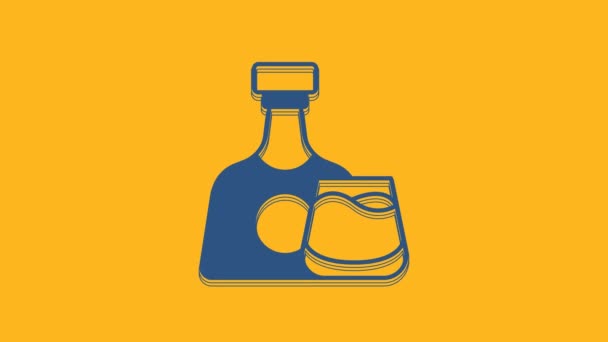 Blue Whiskey Bottle Glass Icon Isolated Orange Background Video Motion — Stockvideo