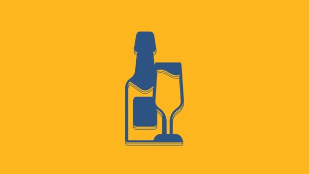 Blue Champagne Bottle Glass Champagne Icon Isolated Orange Background Merry — Vídeo de stock