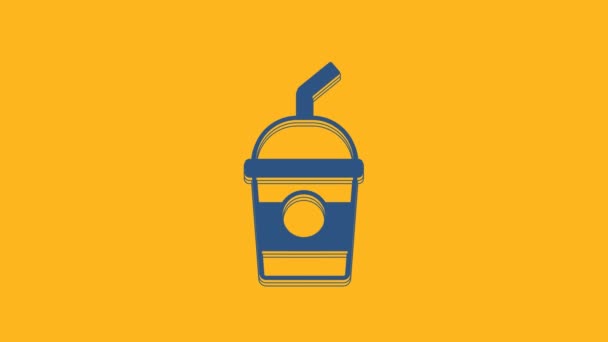 Blue Milkshake Icon Isolated Orange Background Plastic Cup Lid Straw — 图库视频影像