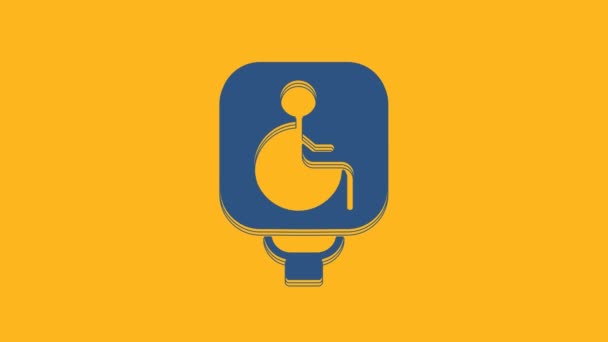 蓝色残疾人轮椅图标孤立在橙色背景 残疾人标志 4K视频运动图形动画 — 图库视频影像