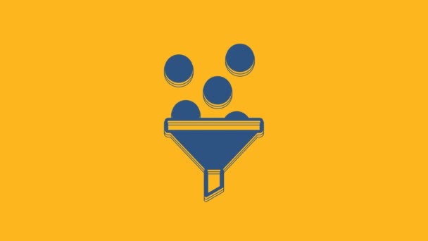 蓝色铅管理图标孤立在橙色背景 带着钱的漏斗目标客户的业务概念 4K视频运动图形动画 — 图库视频影像