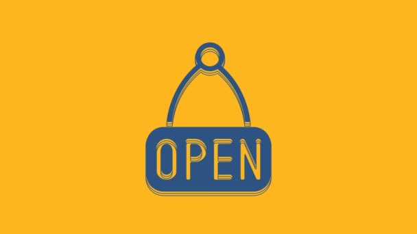 Blue Hanging Sign Text Open Door Icon Isolated Orange Background — Stock videók