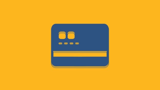 蓝色信用卡图标孤立在橙色背景 网上支付 提取现金 金融业务 买东西的标志4K视频运动图形动画 — 图库视频影像