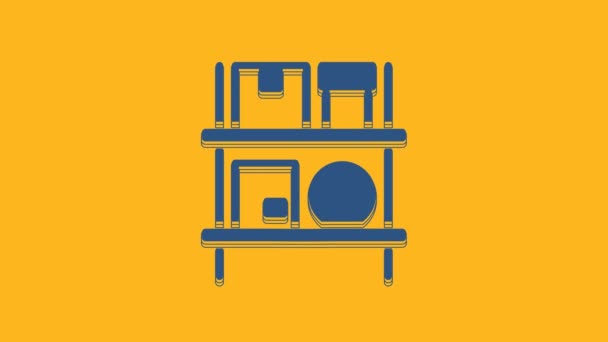 蓝色仓库内部的架子上的盒子图标隔离橙色背景 邮包仓储服务 4K视频运动图形动画 — 图库视频影像