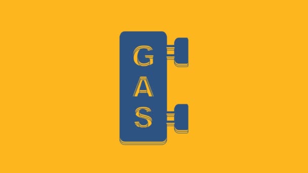 蓝色充气站图标隔离在橙色背景 与运输有关的服务大楼汽油和加油站 4K视频运动图形动画 — 图库视频影像