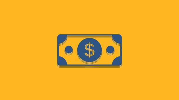 蓝色堆栈纸货币图标孤立在橙色背景 钞票堆积如山 比尔货币 4K视频运动图形动画 — 图库视频影像