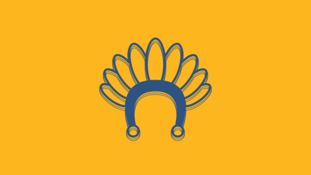 蓝色印度头饰 羽毛图标孤立在橙色背景 美洲原住民传统的头饰 4K视频运动图形动画 — 图库视频影像