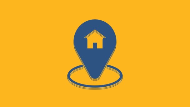 蓝色地图指针 房子图标孤立在橙色背景 家庭位置标识符号 4K视频运动图形动画 — 图库视频影像