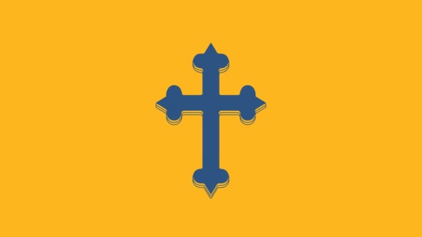 Blue Christian Cross Icon Isolated Orange Background Church Cross Video — Vídeo de Stock