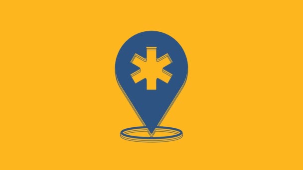 Blue Medical Map Pointer Cross Hospital Icon Isolated Orange Background — ストック動画