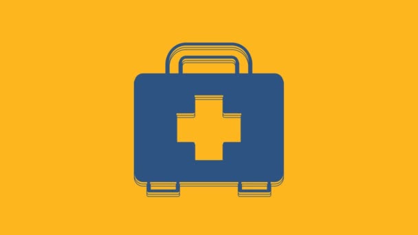 蓝色急救箱图标孤立在橙色背景 有交叉的医疗盒紧急医疗设备 卫生保健概念 4K视频运动图形动画 — 图库视频影像