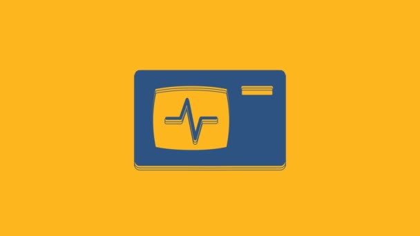 Blue Computer Monitor Cardiogram Icon Isolated Orange Background Monitoring Icon — Stok video