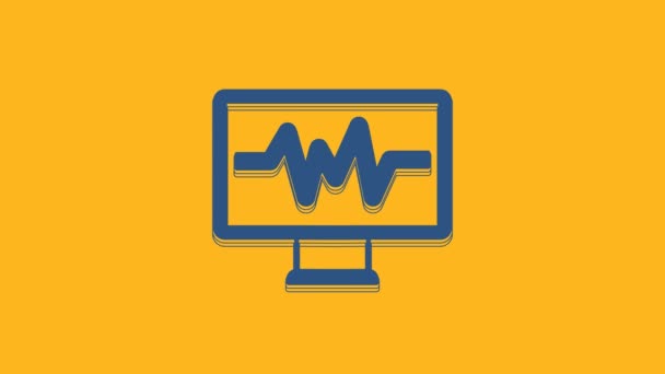 Blue Computer Monitor Cardiogram Icon Isolated Orange Background Monitoring Icon — Vídeo de Stock