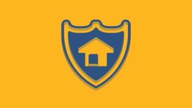 Blue House with shield icon isolated on orange background. Insurance concept. Security, safety, protection, protect concept. 4K Video motion graphic animation.