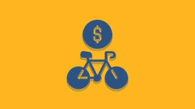 Blue Bicycle rental mobile app icon isolated on orange background. Smart service for rent bicycles in the city. Mobile app for sharing system. 4K Video motion graphic animation.