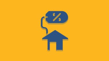 Blue House with percant discount tag icon isolated on orange background. Real estate home. Credit percentage symbol. 4K Video motion graphic animation.