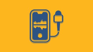 Blue Mobile recording icon isolated on orange background. Mobile phone with microphone. Voice recorder app smartphone interface. 4K Video motion graphic animation.