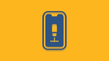 Blue Mobile recording icon isolated on orange background. Mobile phone with microphone. Voice recorder app smartphone interface. 4K Video motion graphic animation.