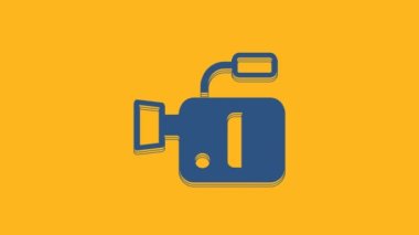 Mavi Sinema kamera ikonu turuncu arkaplanda izole edildi. Video kamera. Film tabelası. Film projektörü. 4K Video hareketli grafik canlandırması.