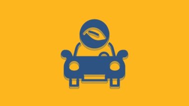 Blue Eco car concept drive with leaf icon isolated on orange background. Green energy car symbol. 4K Video motion graphic animation.