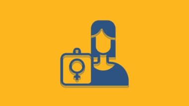 Blue Female movement, feminist activist with banner and placards icon isolated on orange background. Feminist rights movement, feminism sisterhood. 4K Video motion graphic animation.